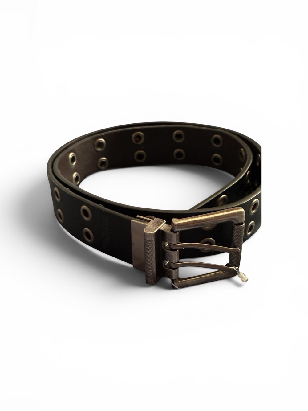 Wolverine Black Leather Double-Prong Grommet Belt with Antique Brass Hardware